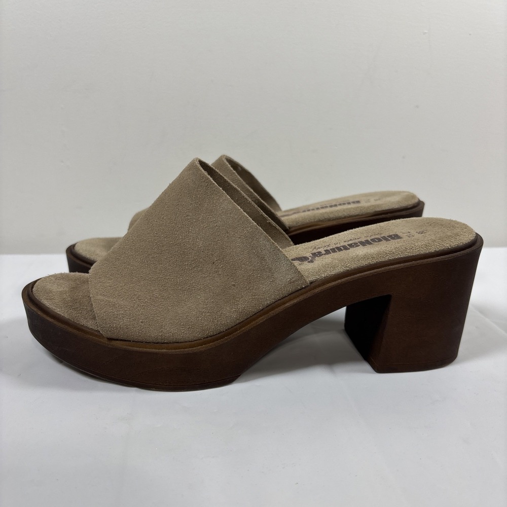 BioNatura Women 38 Italian Tan Suede Leather Slide Sandals Chunky Mules Platform - Picture 3 of 11